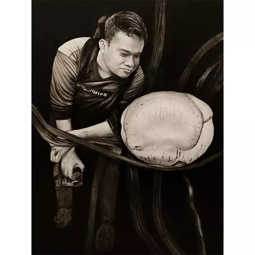 1 deki andriki with rafflesia arnoldii in bud in interior bengkulu sumatra artwork by chris thorogood
